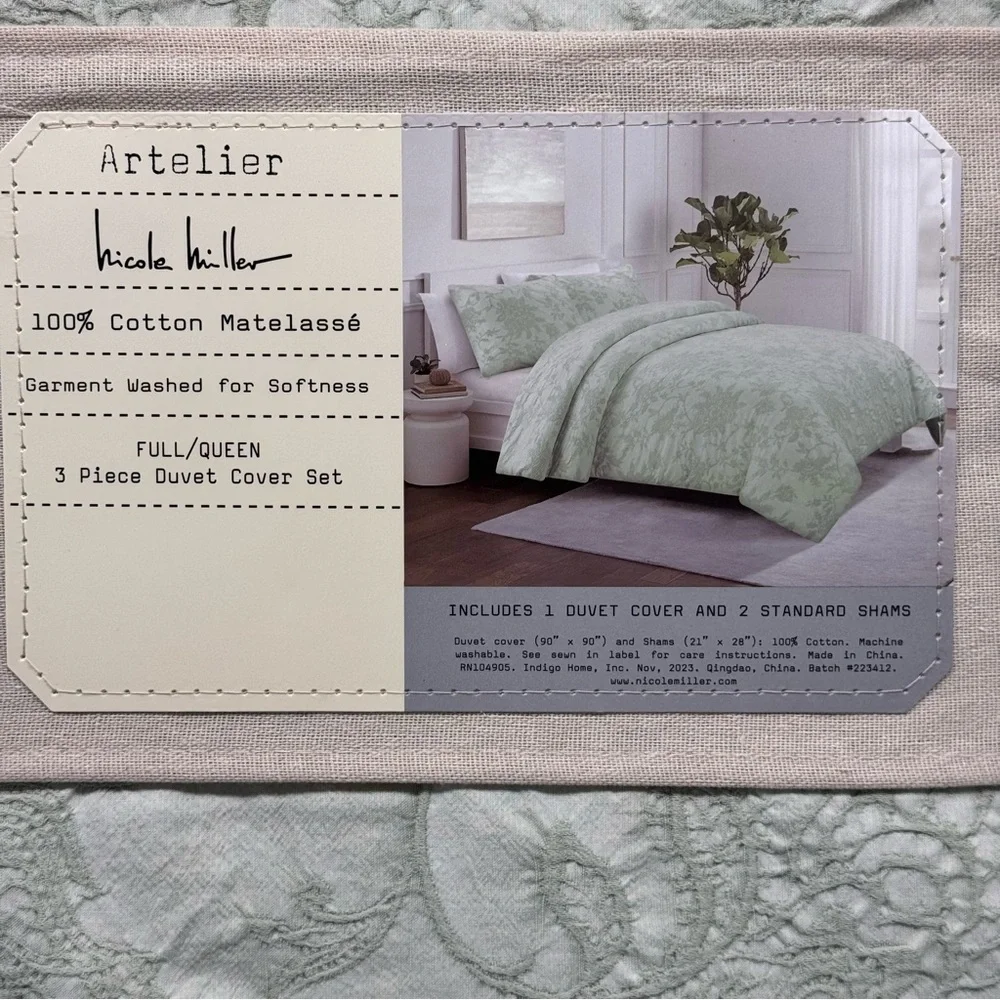 3pc Nicole Miller Artelier Lt Sage Queen Duvet Cover Sham Set Matelasse Cotton